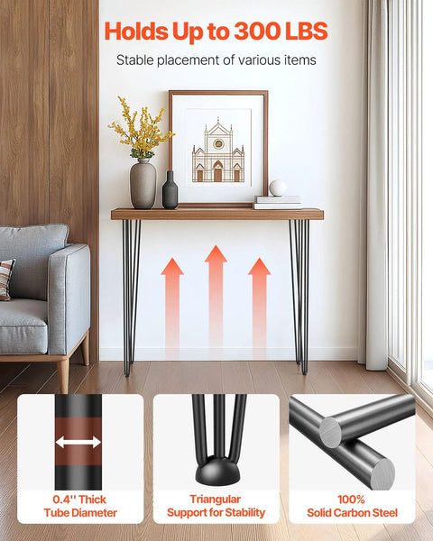 Hairpin Table Legs 34 Inch Black Set Of 4 Beefy Heavy Duty Desk Legs With 880 Lbs Total Load Capacity 220 Lbs Each Three Rods Carbon Steel DIY Furniture Legs For Bench Desk Dining End Table And Chairs supporting console table with decor