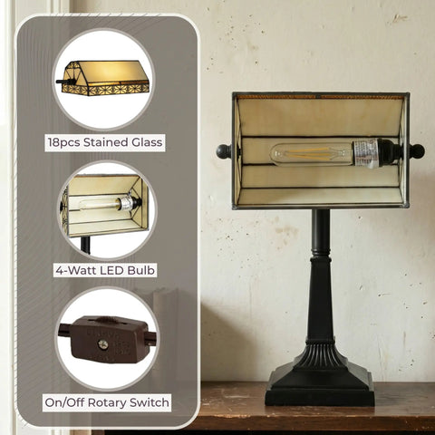 Tiffany Style Bankers Lamp With Stained Glass Shade For A Dope Desk Setup, detailing stained glass, LED bulb, and rotary switch