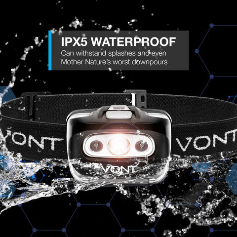 LED Headlamp Set With Red Light And 7 Modes, IPX5 Waterproof, Batteries Included, 2 Pack, showcasing water resistance