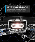 Rugged LED Headlamp 4 Pack With Batteries Included, IPX5 Waterproof, Seven Modes Including Red Light, splash-proof design.