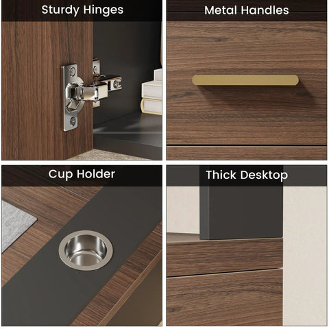 Details of 61 Inch Electric Adjustable Standing Desk With Two Smooth Glide Drawers And Latched Storage Cabinet features sturdy hinges, metal handles, cup holder, and thick desktop.
