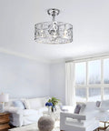 Neojoyoenix 18" Decor Forward Reverse 5 Blades Ceiling Fan Lamps, Cage Closed Industrial Style in chrome, hanging in a living room.