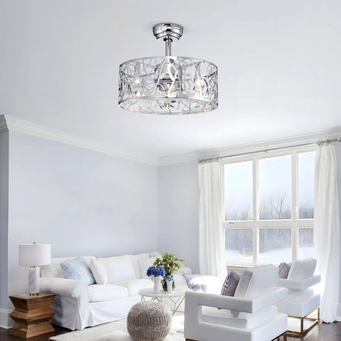 Neojoyoenix 18" Decor Forward Reverse 5 Blades Ceiling Fan Lamps, Cage Closed Industrial Style in chrome, hanging in a living room.