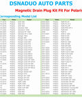 Chart of compatible Polaris models for DSNADUO Magnetic Drain Plug Kit, including years and models for ATV and UTV engines.
