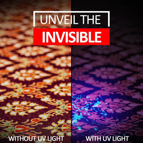 Surface comparison with and without Ten Pack UV Black Light Flashlights 395nm Mini Pen Light With Clip LED Handheld Blacklight Detector
