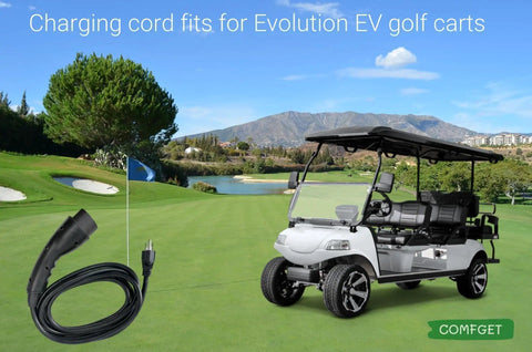Heavy Duty Golf Cart Charging Cable 10 Ft Badass Rock Solid 16 Amp Power Cord for Evolution Icon and Advanced Ev Golf Models in landscape setting.