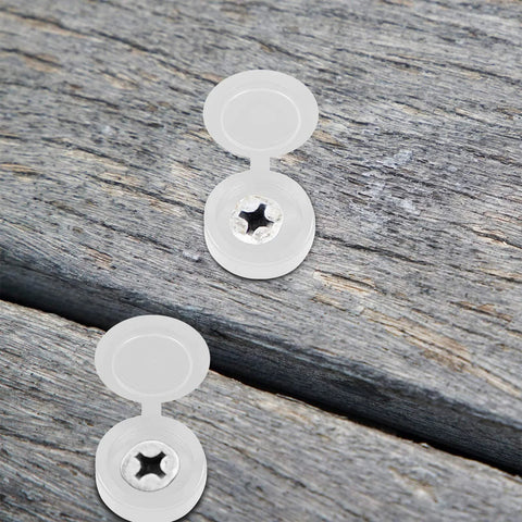 Close-up of 100 Pieces Large White Hinged Screw Cover Caps Set on wood surface, showing snap cover design with integrated washers.