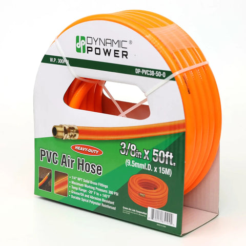 Packaging of 3/8 Inch 50 Foot Heavy Duty Air Hose With Reinforced PVC Construction And Brass Fittings, flexible for workshop use