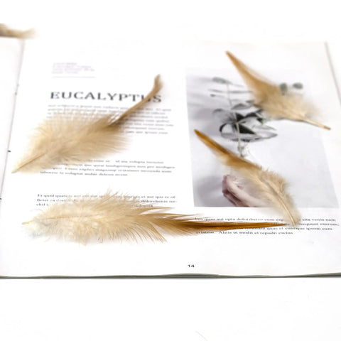200 Pieces 5 To 7 Inch Nature Saddle Hackle Rooster Feathers for Crafts displayed on open magazine page