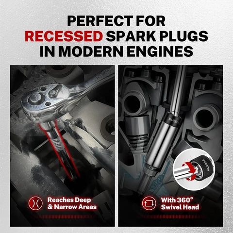 Magnetic Swivel Spark Plug Socket Set With Gap Tool in use, showing 360° swivel head reaching recessed spark plugs in engine