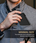 Man inserting Pop Up Aluminum Card Wallet With RFID Blocking into front pocket of gray jacket, highlighting minimal size