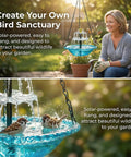 Woman enjoying garden with powered cascade bird bath fountain hanging water feature for outdoors garden patio backyard blue eco friendly decor no batteries needed easy setup outdoor