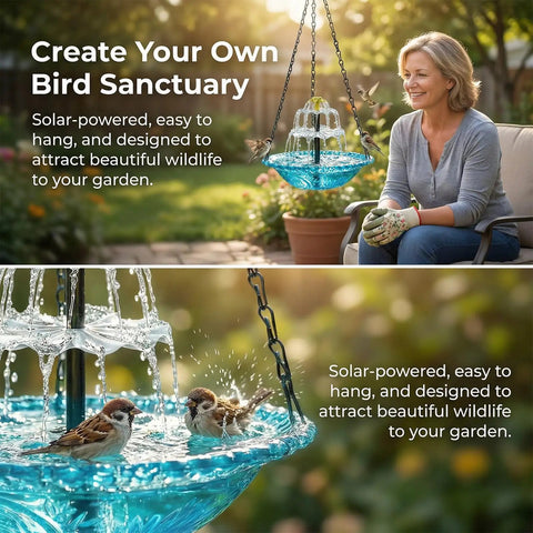 Woman enjoying garden with powered cascade bird bath fountain hanging water feature for outdoors garden patio backyard blue eco friendly decor no batteries needed easy setup outdoor