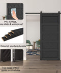 36 By 84 Inches Wave Shape Sliding Barn Door Kit With Hardware Included, Solid Wood Core With MDF And PVC Covered Surface, Black Finish, Easy Installation, Durable, Space Saving Interior Door Or Room Divider installed in living area.