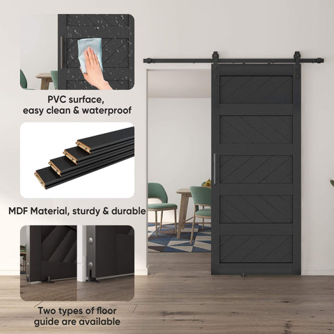 36 By 84 Inches Wave Shape Sliding Barn Door Kit With Hardware Included, Solid Wood Core With MDF And PVC Covered Surface, Black Finish, Easy Installation, Durable, Space Saving Interior Door Or Room Divider installed in living area.