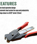 Spring Loaded Hog Ring Pliers Kit With 100 Galvanized Rings shown with red and black handles and carbon steel construction