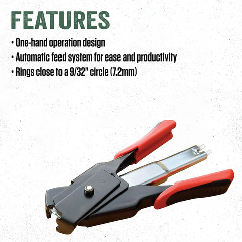 Spring Loaded Hog Ring Pliers Kit With 100 Galvanized Rings shown with red and black handles and carbon steel construction