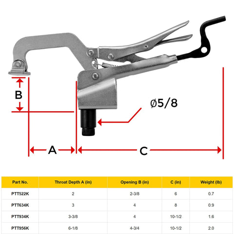 Inserta Plier Table Mount Clamp With Rear Crank Handle For Easy Hold Down 5/8 Inch Insert Diameter 6-1/8 Inch Throat Mounts On Right Angle Brackets Risers Or Clamping Squares For Elevated Push Down Clamping And Quick Pressure Adjustment