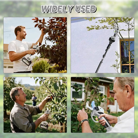 Heavy Duty Cordless Electric Pruning Shears With Telescopic Pole And Lcd Display 21 Volt Dual Battery Kit Sk7 Steel Blades being used for tree pruning.