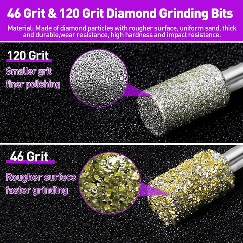 Close-up of Diamond Grinder Bits Kit 46 And 120 Grits One Eighth Inch Shank 42 Piece Stone Carving Drill Bits for engraving and polishing