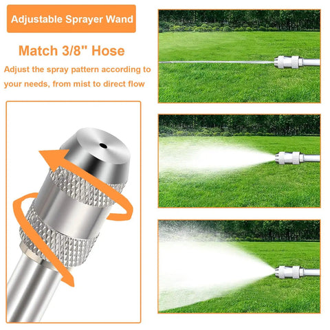 Adjustable sprayer wand nozzle with all-metal construction, showing varied spray patterns for garden use on grass