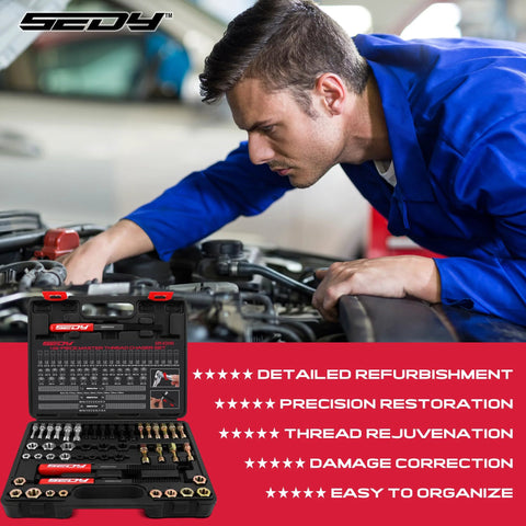 Thread repair tool set in a black case; 49-piece SEDY kit with metric/SAE rethreaders for automotive bolts.