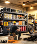 Hella Sturdy Heavy Duty Metal Storage Shelves With Rock Solid Frame And No Sweat Setup Four Tier Adjustable Garage Shelving Rack For Home Shop Or Warehouse filled with tools and supplies in a garage.