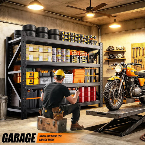 Hella Sturdy Heavy Duty Metal Storage Shelves With Rock Solid Frame And No Sweat Setup Four Tier Adjustable Garage Shelving Rack For Home Shop Or Warehouse filled with tools and supplies in a garage.