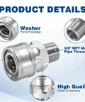 Front view of TasuoX 3/8 in NPT stainless steel pressure washer adapter with male quick-connect fitting