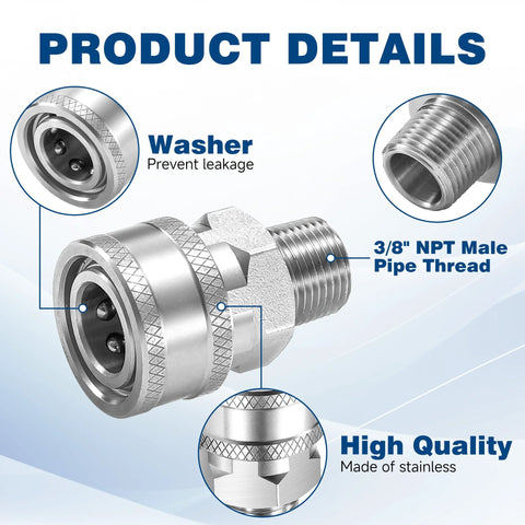 Front view of TasuoX 3/8 in NPT stainless steel pressure washer adapter with male quick-connect fitting