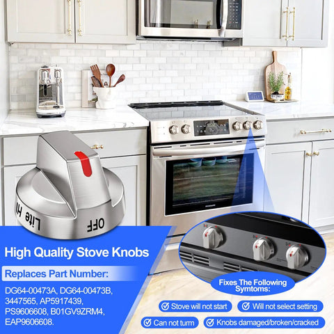 Stove Knob Replacement Set For Samsung Gas Range And Oven DG64-00473A Compatible 5 Pack Fits NX58H5600SS close-up.