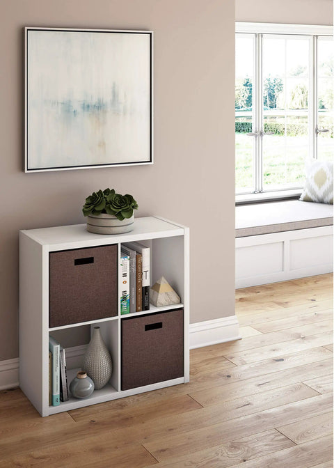 Open Back Four-Cube Storage Organizer In White, Sturdy Cube Shelving Unit With Front And Back Finished, Fits 13-Inch Bins in a room