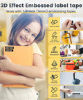 Young girl holding a notebook with labels from a Retro Manual Embossing Label Maker With 9mm Tapes, Vintage 3D Raised Letters.