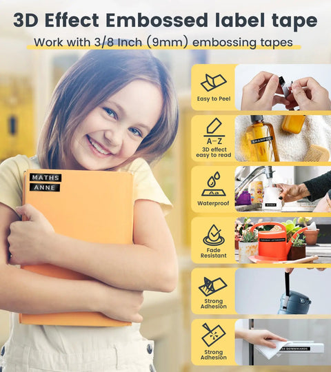Young girl holding a notebook with labels from a Retro Manual Embossing Label Maker With 9mm Tapes, Vintage 3D Raised Letters.