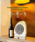 Portable Space Heater With Oscillating Fan And No-Fuss Cooling Mode, 750 To 1500-Watt, shown on a countertop with a wine bottle.