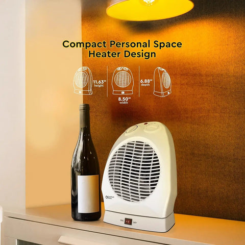 Portable Space Heater With Oscillating Fan And No-Fuss Cooling Mode, 750 To 1500-Watt, shown on a countertop with a wine bottle.