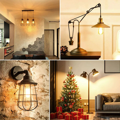 Home interiors with dimmable vintage LED Edison bulbs 8W filament, 100W equivalent, 1200 lumens, in various decorative settings.