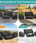 4 Piece Patio Furniture Cover Set Waterproof Outdoor Sofa 2 Chair Covers And Coffee Table Cover With Windproof Buckle Straps And Adjustable Drawstrings Black, showing weatherproof features.