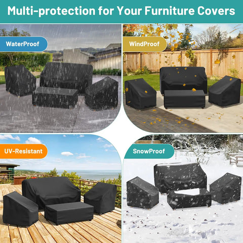 4 Piece Patio Furniture Cover Set Waterproof Outdoor Sofa 2 Chair Covers And Coffee Table Cover With Windproof Buckle Straps And Adjustable Drawstrings Black, showing weatherproof features.