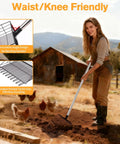 Person using Beefy Heavy Duty Chicken Poop Scooper with Adjustable Long Handle and Stainless Steel Sifter Shovel outdoors.