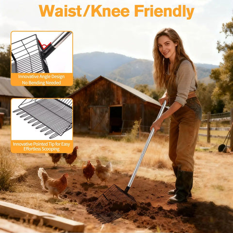 Person using Beefy Heavy Duty Chicken Poop Scooper with Adjustable Long Handle and Stainless Steel Sifter Shovel outdoors.