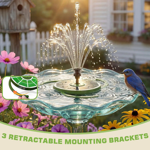 Go To Solar Water Pump Fountain For Garden Bird Bath With Built In 1500mAh Battery 3.5W Panel And 8 Nozzles High Efficiency Glass Panels Outdoor Pond Pool Fish Tank Dark Green in bird bath surrounded by flowers.