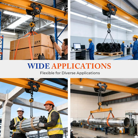 3 Ton Manual Adjustable I Beam Trolley with Flange Width from 3.66 to 8.46 Inches lifting various loads in industrial settings