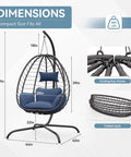Foldable Egg Chair With Stand For Indoor And Outdoor Use Wicker Rattan Swing Chair 485 Lbs Capacity Strong Iron Frame UV Resistant Cushion Patio Balcony Blue with dimensions shown.
