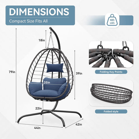 Foldable Egg Chair With Stand For Indoor And Outdoor Use Wicker Rattan Swing Chair 485 Lbs Capacity Strong Iron Frame UV Resistant Cushion Patio Balcony Blue with dimensions shown.