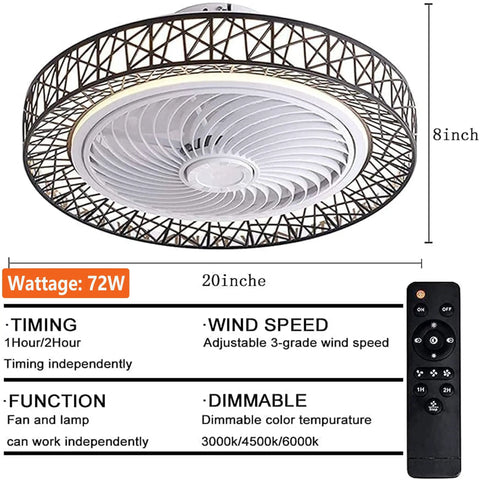 Bladeless 20 Inch Ceiling Fan With Lights And Remote Modern Enclosed Low Profile Black Housing 72W Dimmable LED Overview
