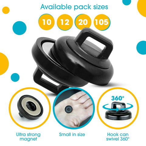 Black magnetic cable zip tie mount with hook, shown in hand for size reference, part of 20 pack for cable management.