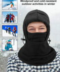 Person wearing black fleece mask from 4 Pack Balaclava Ski Masks Windproof Fleece Adjustable Winter Face Cover For Men And Women Soft Thermal Mask Set In Black Navy Grey Red For Cold Weather Outdoors
