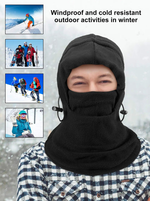 Person wearing black fleece mask from 4 Pack Balaclava Ski Masks Windproof Fleece Adjustable Winter Face Cover For Men And Women Soft Thermal Mask Set In Black Navy Grey Red For Cold Weather Outdoors
