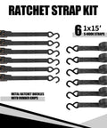 Heavy Duty Ratchet Tie Down Straps One Inch By Fifteen Feet locks down your rig with durable black S-hook straps.